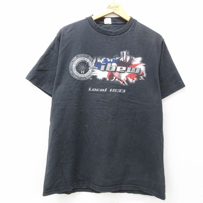 XL★古着 半袖 ビンテージ Tシャツ メンズ 90年代 90s ibew コットン クルーネック USA製 黒 ブラック 25apr01 中古