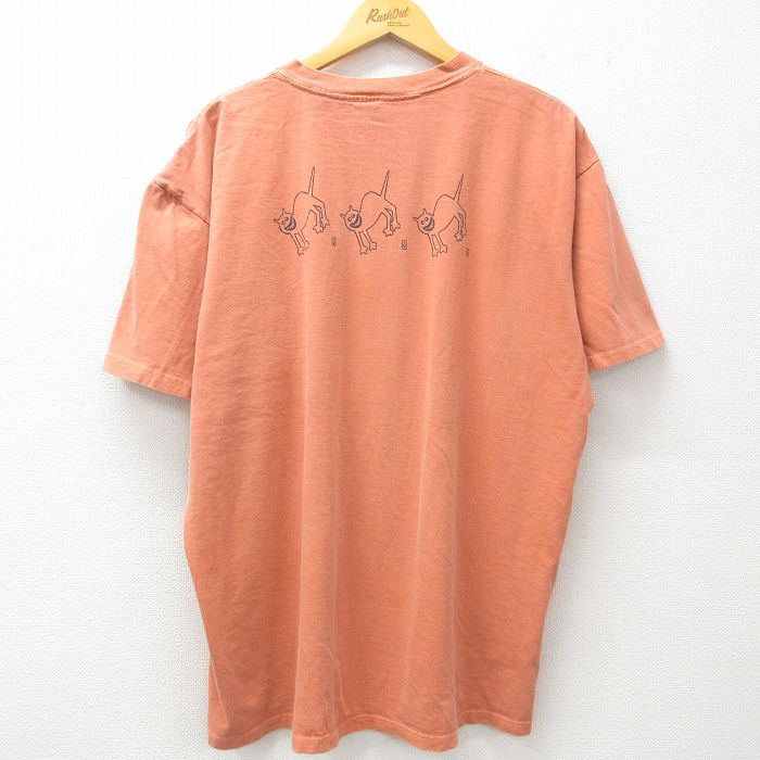 XL★古着 半袖 ビンテージ Tシャツ メンズ 90年代 90s ネコ CRAZY CAT 大きいサイズ コットン クルーネック オレンジ系 25apr01 中古