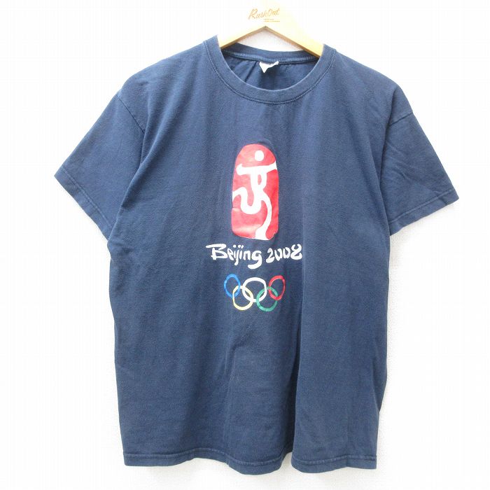 XL★古着 半袖 ビンテージ Tシャツ メンズ 00年代 00s 北京オリンピック コットン クルーネック 紺 ネイビー 25apr01 中古