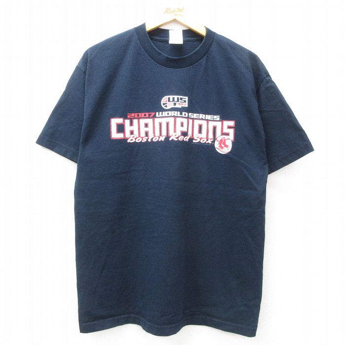 L★古着 半袖 ビンテージ Tシャツ メンズ 00年代 00s MLB ボストンレッドソックス ワールドシリーズ コットン クルーネック 紺 ネイビー メジャーリーグ ベースボール 野球 25apr01 中古