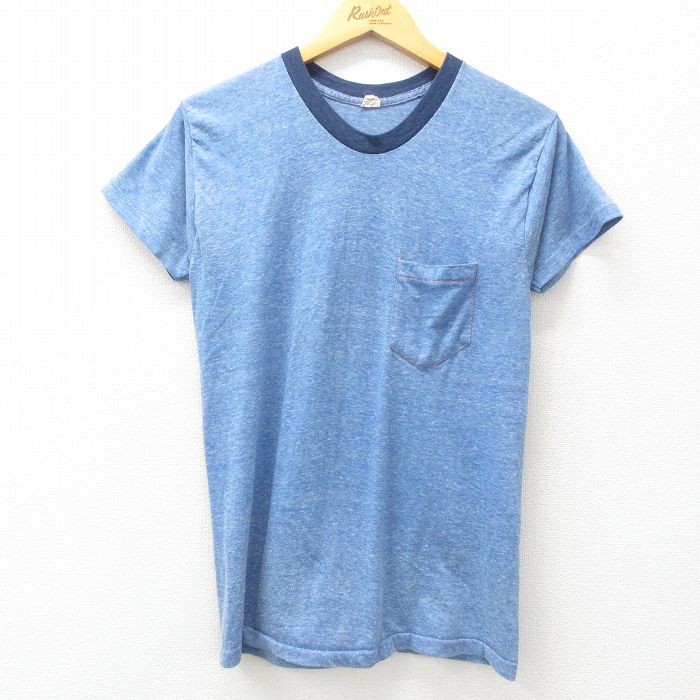 【50%OFF】M★古着 半袖 ビンテージ Tシャツ メンズ 80年代 80s 無地 胸ポケット付き クルーネック USA製 薄紺 ネイビー 霜降り他 リンガー 25apr01 中古