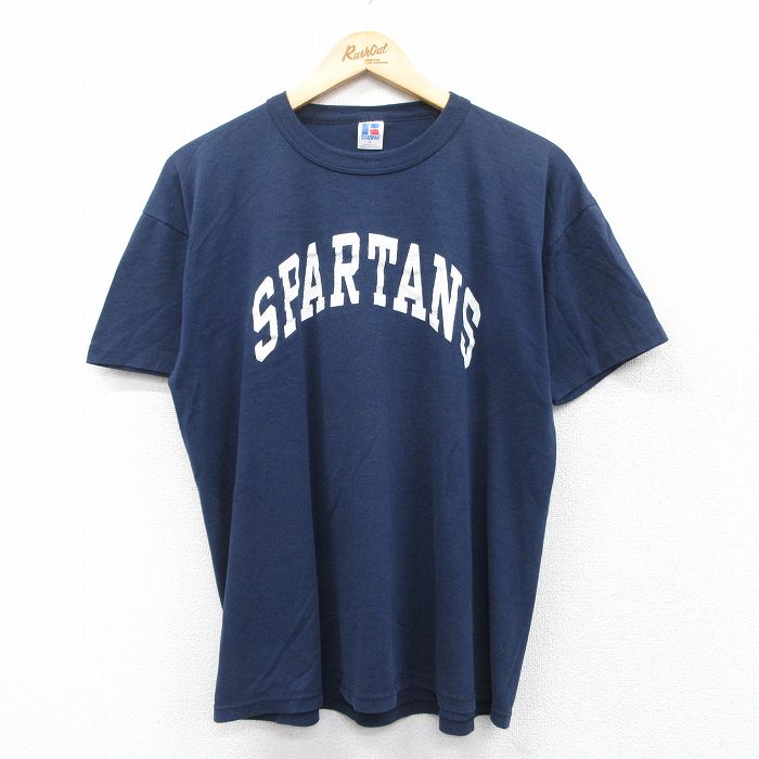 L★古着 ラッセル 半袖 ビンテージ Tシャツ メンズ 80年代 80s SPARTANS 2 クルーネック USA製 紺 ネイビー 【spe】 25apr02 中古