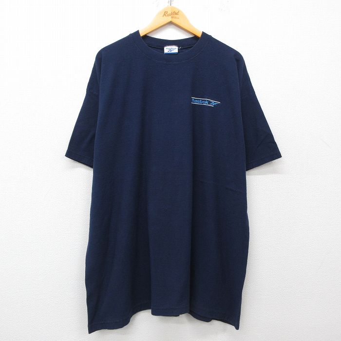 XL★古着 リーボック REEBOK 半袖 ビンテージ Tシャツ メンズ 90年代 90s ワンポイントロゴ 大きいサイズ ロング丈 コットン クルーネック USA製 濃紺 ネイビー 25apr02 中古