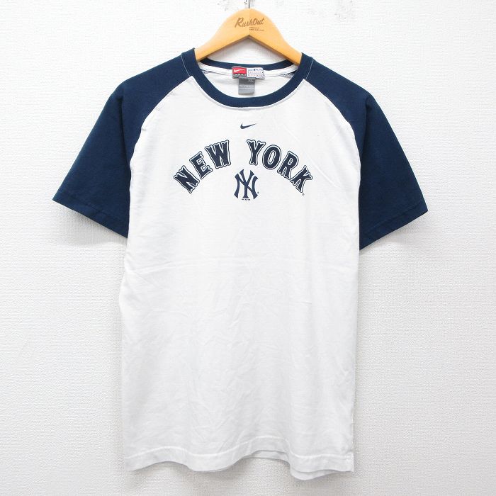 L★古着 ナイキ NIKE 半袖 ビンテージ Tシャツ メンズ 00年代 00s MLB ニューヨークヤンキース ラグラン クルーネック 白 ホワイト メジャーリーグ ベースボール 野球 25apr02 中古