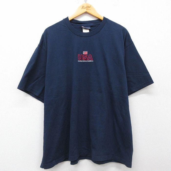XL★古着 FADED GLORY 半袖 ビンテージ Tシャツ メンズ 90年代 90s USAロゴ 刺繍 大きいサイズ コットン クルーネック USA製 濃紺 ネイビー 【spe】 25apr02 中古