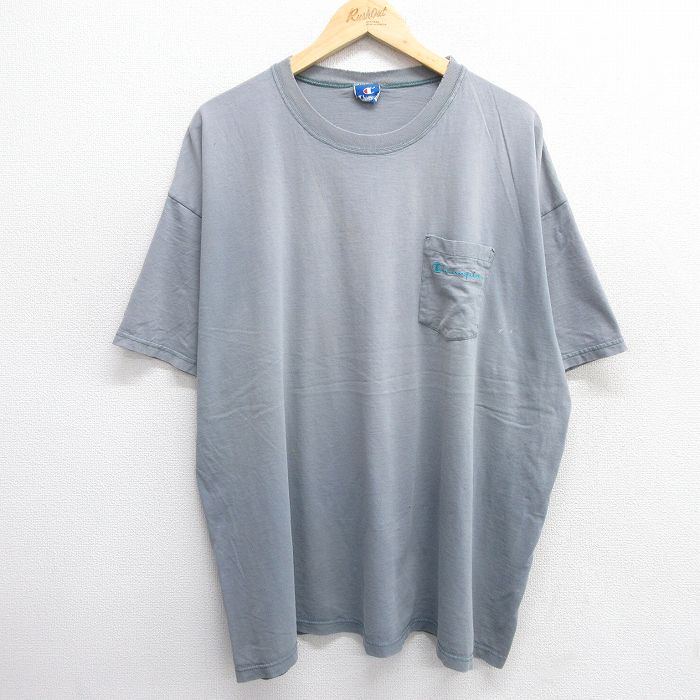 XL★古着 チャンピオン champion 半袖 ビンテージ Tシャツ メンズ 90年代 90s ワンポイントロゴ 胸ポケット付き 大きいサイズ クルーネック グレー 25apr03 中古