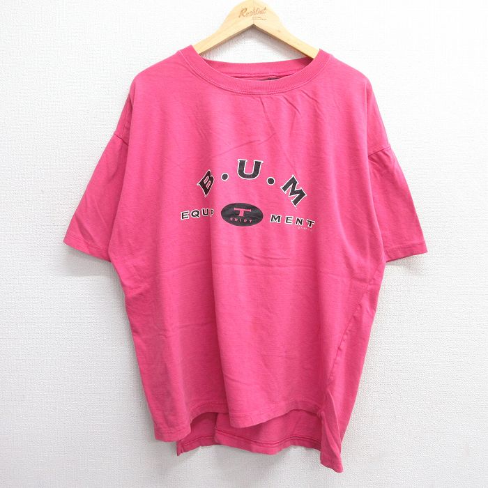 XL★古着 b.u.m.equipment 半袖 ビンテージ Tシャツ メンズ 90年代 90s ビッグロゴ 大きいサイズ コットン クルーネック ピンク 25apr03 中古