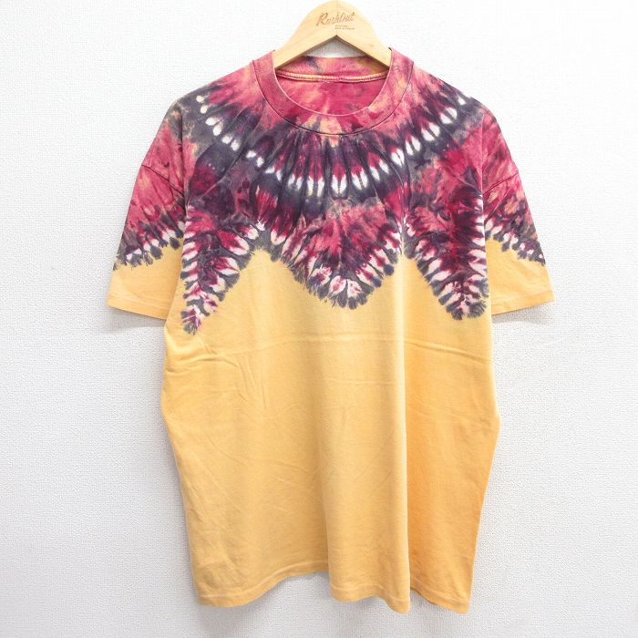 XL★古着 半袖 ビンテージ Tシャツ メンズ 90年代 90s 無地 大きいサイズ クルーネック 黄他 イエロー タイダイ 25apr03 中古