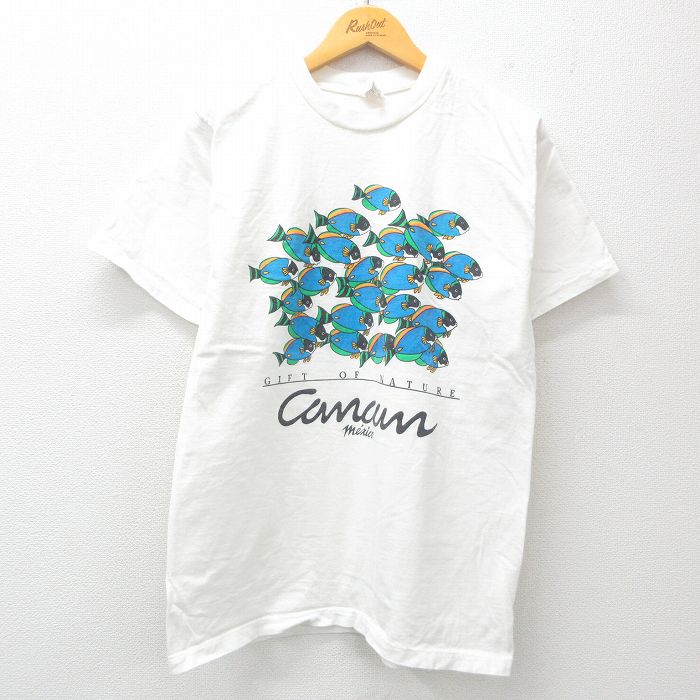 L★古着 半袖 ビンテージ Tシャツ メンズ 00年代 00s カンクン 魚 コットン クルーネック 白 ホワイト 25apr04 中古