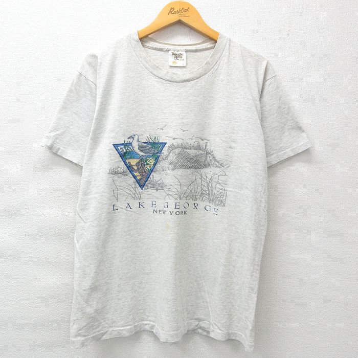 XL★古着 半袖 ビンテージ Tシャツ メンズ 90年代 90s レイクジョージ 魚 コットン クルーネック USA製 薄グレー 霜降り 25apr04 中古