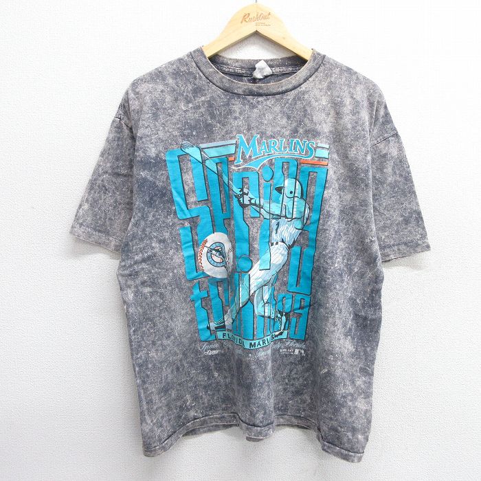 XL★古着 半袖 ビンテージ Tシャツ メンズ 90年代 90s MLB フロリダマリーンズ 大きいサイズ コットン クルーネック USA製 紺 ネイビー タイダイ メジャーリーグ ベースボール 野球 【spe】 25apr05 中古
