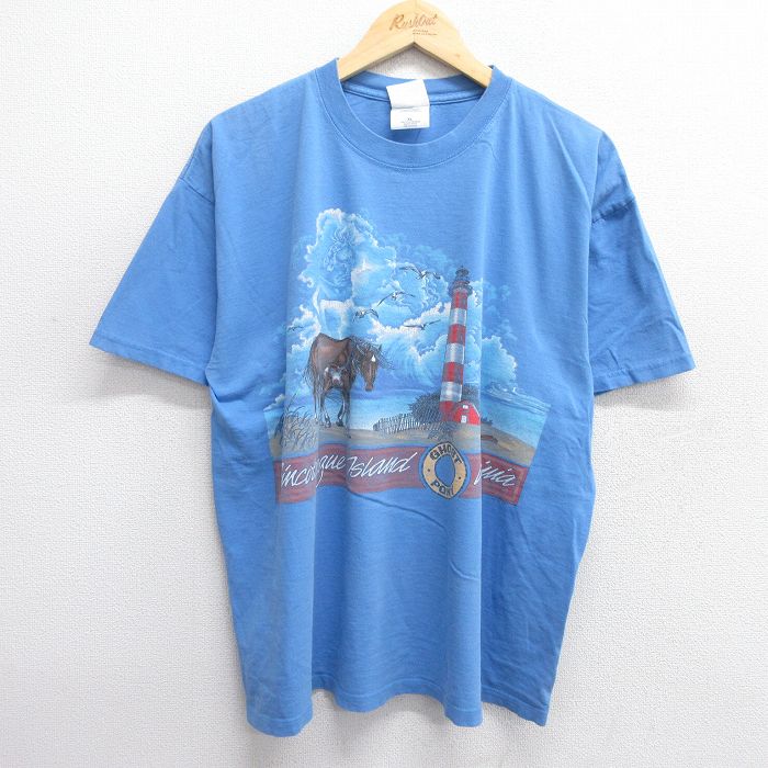 XL★古着 半袖 ビンテージ Tシャツ メンズ 90年代 90s 馬 灯台 大きいサイズ コットン クルーネック カナダ製 薄紺 ネイビー 25apr05 中古