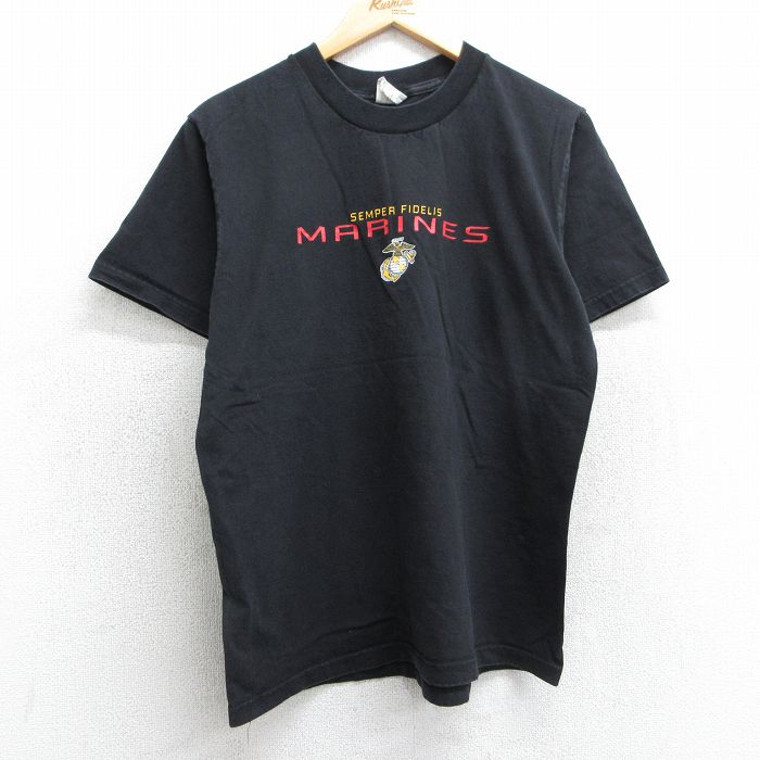 L★古着 半袖 ビンテージ Tシャツ メンズ 90年代 90s ミリタリー マリーンズ コットン クルーネック USA製 黒 ブラック 25apr05 中古