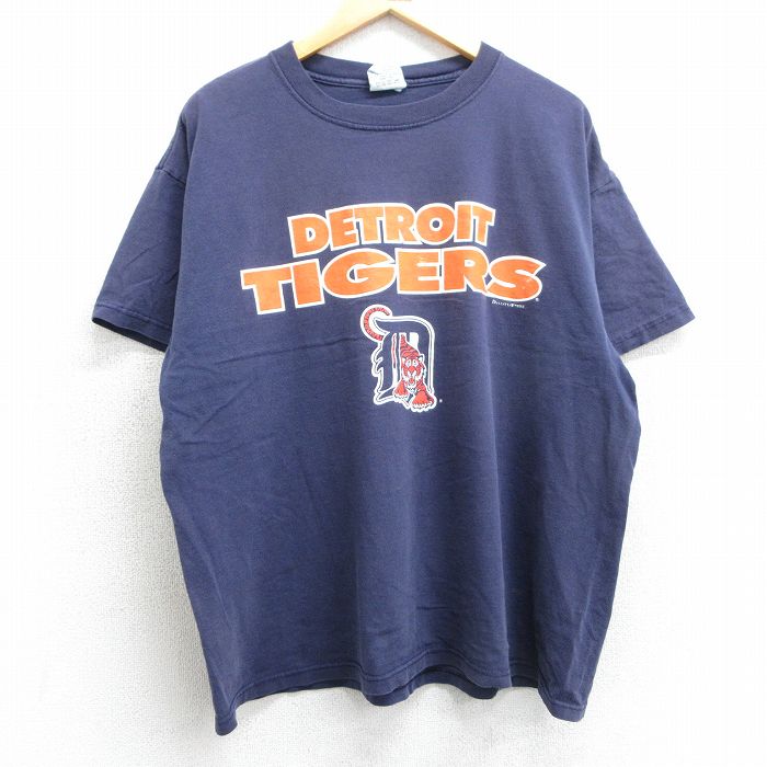 XL★古着 半袖 ビンテージ Tシャツ メンズ 90年代 90s MLB デトロイトタイガース 大きいサイズ コットン クルーネック 紺 ネイビー メジャーリーグ ベースボール 野球 25apr05 中古