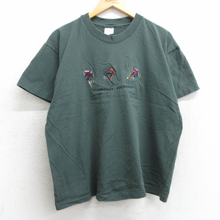 XL★古着 半袖 ビンテージ Tシャツ メンズ 90年代 90s スキー 刺繍 コットン クルーネック 濃緑系 グリーン 25apr05 中古