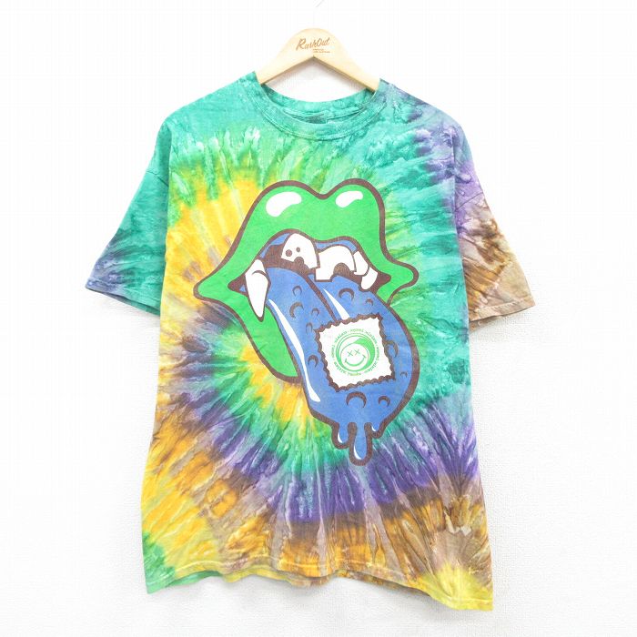 XL★古着 半袖 ビンテージ Tシャツ メンズ 00年代 00s ベロ DROP 大きいサイズ コットン クルーネック 緑他 グリーン タイダイ 25apr05 中古