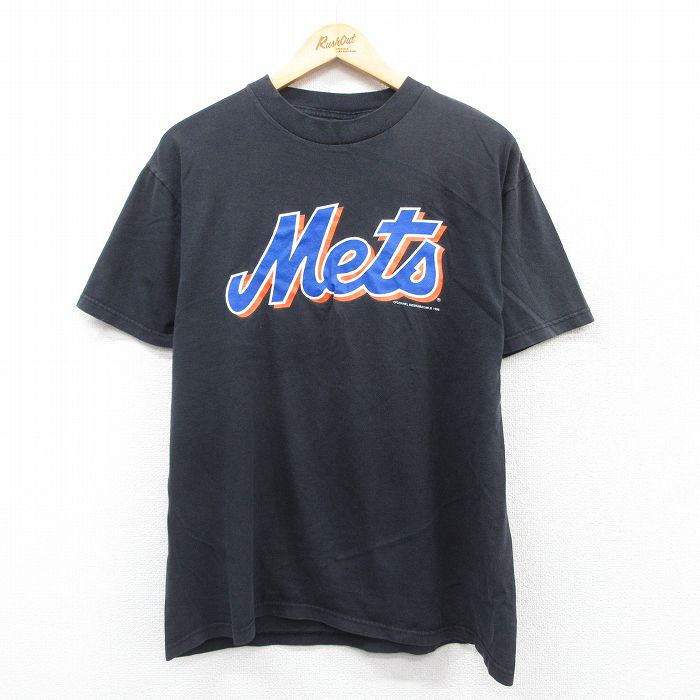 L★古着 半袖 ビンテージ Tシャツ メンズ 90年代 90s MLB ニューヨークメッツ エドガルドアルフォンゾ 13 コットン クルーネック 黒 ブラック メジャーリーグ ベースボール 野球 25apr05 中古