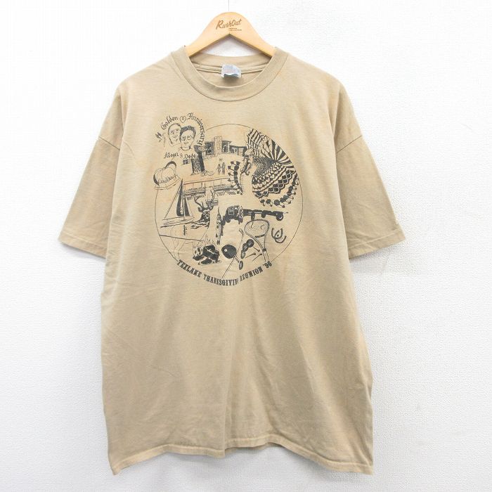 XL★古着 ヘインズ Hanes 半袖 ビンテージ Tシャツ メンズ 90年代 90s シカ 魚 大きいサイズ コットン クルーネック USA製 ベージュ カーキ 25apr05 中古