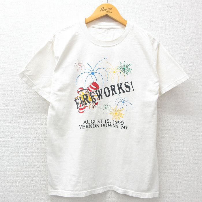 【20%OFF】L★古着 半袖 ビンテージ Tシャツ メンズ 90年代 90s 花火 クルーネック 白 ホワイト 25apr07 中古