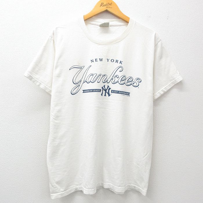 L★古着 リー Lee 半袖 ビンテージ Tシャツ メンズ 00年代 00s MLB ニューヨークヤンキース クルーネック 白 ホワイト メジャーリーグ ベースボール 野球 25apr07 中古