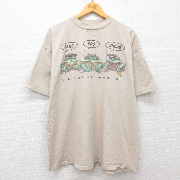 XL★古着 TULTEX 半袖 ビンテージ Tシャツ メンズ 90年代 90s カエル バスプロショップス 大きいサイズ コットン クルーネック ベージュ カーキ 【spe】 25apr08 中古