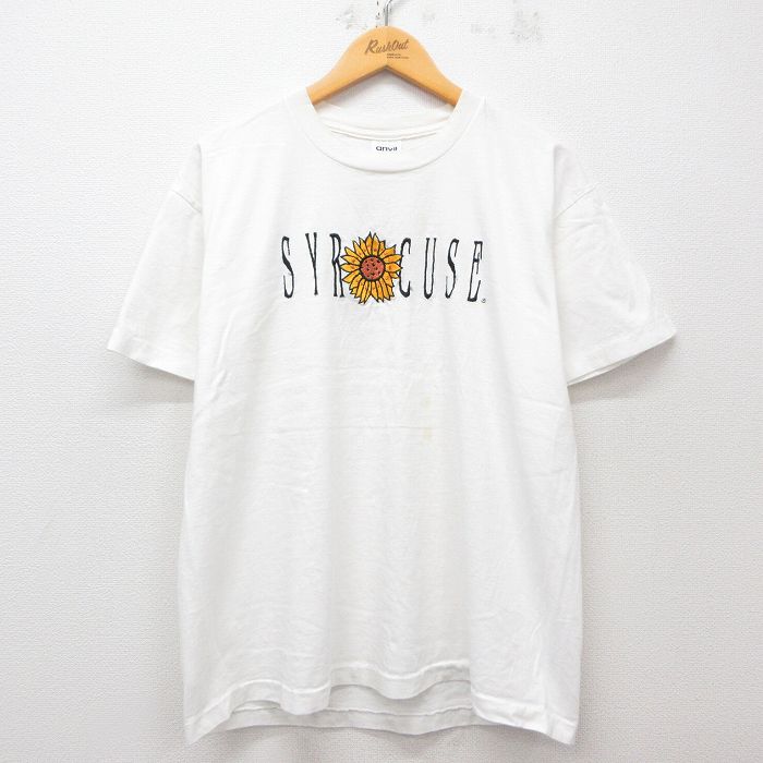 XL★古着 半袖 ビンテージ Tシャツ メンズ 90年代 90s シラキュース ヒマワリ 刺繍 コットン クルーネック 白 ホワイト 25apr08 中古