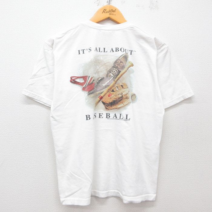 【50%OFF】M★古着 半袖 ビンテージ Tシャツ メンズ 00年代 00s 野球 グローブ バット コットン クルーネック 白 ホワイト 25apr08 中古