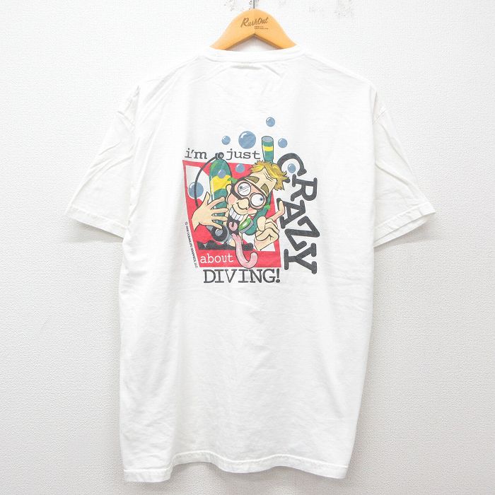 【50%OFF】XL★古着 ヘインズ Hanes 半袖 ビンテージ Tシャツ メンズ 00年代 00s ダイビング CRAZY コットン クルーネック 白 ホワイト 25apr08 中古