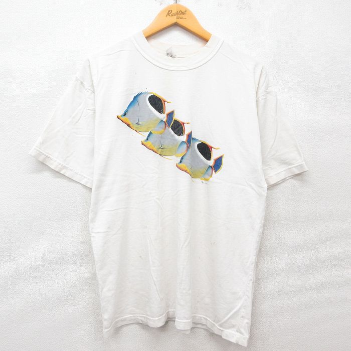 L★古着 半袖 ビンテージ Tシャツ メンズ 90年代 90s 魚 コットン クルーネック 白 ホワイト 25apr08 中古