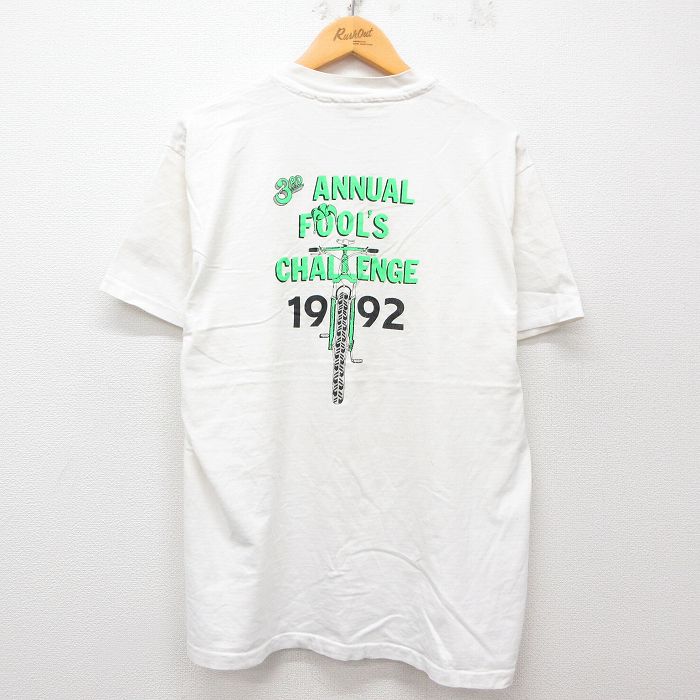 L★古着 ヘインズ Hanes 半袖 ビンテージ Tシャツ メンズ 90年代 90s 自転車 FOOLS CHALLENGE コットン クルーネック USA製 白 ホワイト 25apr08 中古