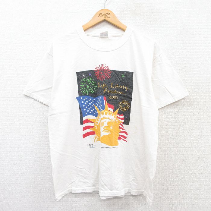 L★古着 半袖 ビンテージ Tシャツ メンズ 00年代 00s 自由の女神 花火 星条旗 クルーネック 白 ホワイト 25apr07 中古