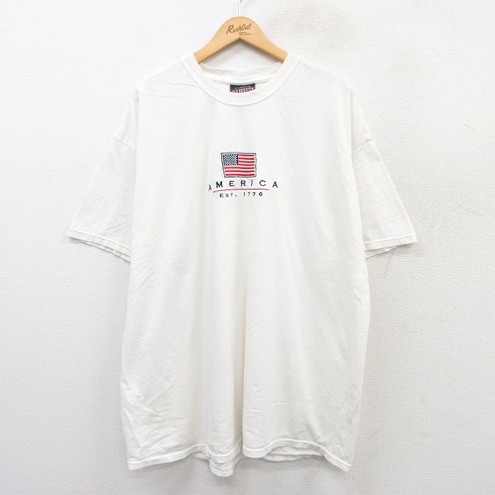 【50%OFF】XL★古着 半袖 ビンテージ Tシャツ メンズ 00年代 00s 星条旗 刺繍 大きいサイズ ロング丈 コットン クルーネック 白 ホワイト 25apr07 中古