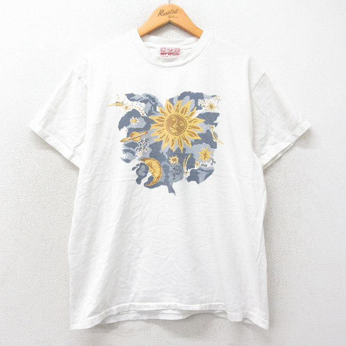 L★古着 半袖 ビンテージ Tシャツ メンズ 90年代 90s 太陽 月 星 コットン クルーネック USA製 白 ホワイト 25apr07 中古