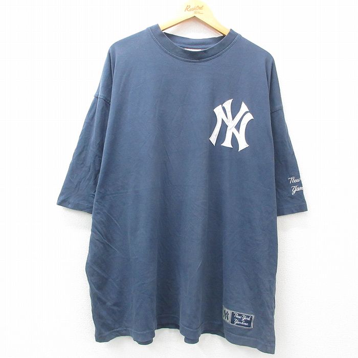 XL★古着 リー Lee 半袖 ビンテージ Tシャツ メンズ 00年代 00s MLB ニューヨークヤンキース 大きいサイズ ロング丈 クルーネック 紺 ネイビー メジャーリーグ ベースボール 野球 25apr08 中古