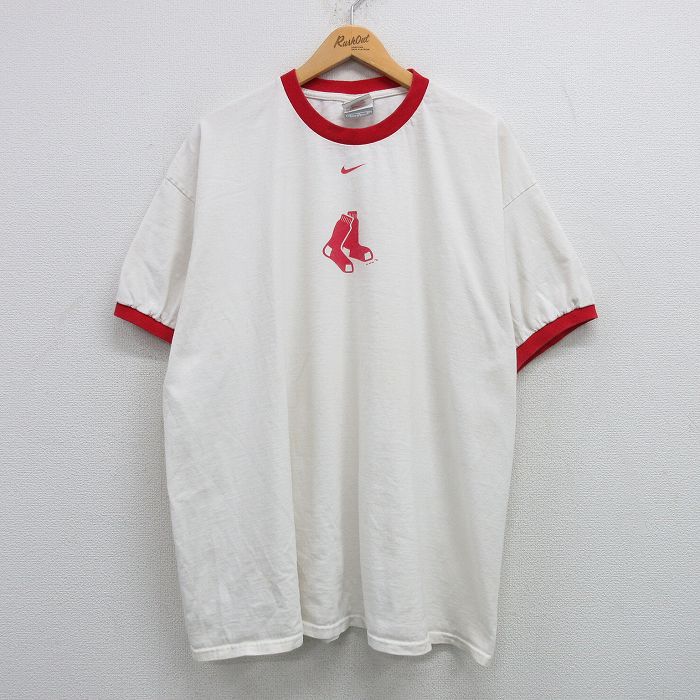 XL★古着 ナイキ NIKE 半袖 ビンテージ Tシャツ メンズ 00年代 00s MLB ボストンレッドソックス 大きいサイズ コットン クルーネック 白 ホワイト リンガー メジャーリーグ ベースボール 野球 25apr08 中古
