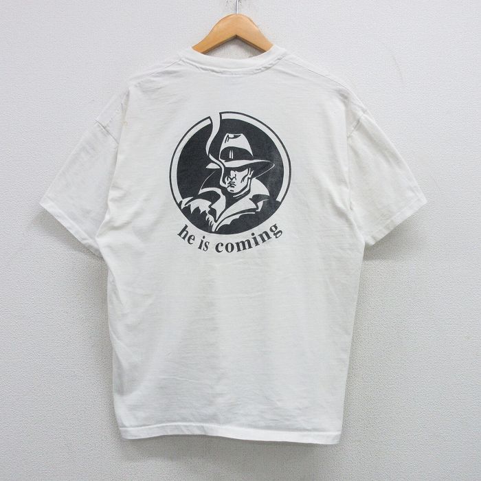 XL★古着 ヘインズ Hanes 半袖 ビンテージ Tシャツ メンズ 90年代 90s he is coming コットン クルーネック 白 ホワイト 25apr08 中古
