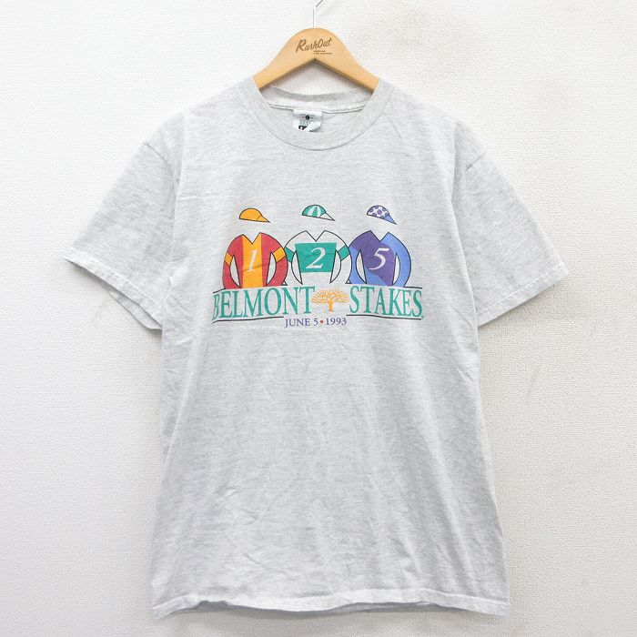 【20%OFF】M★古着 リー Lee 半袖 ビンテージ Tシャツ メンズ 90年代 90s BELMONT STAKES コットン クルーネック USA製 薄グレー 霜降り 25apr08 中古