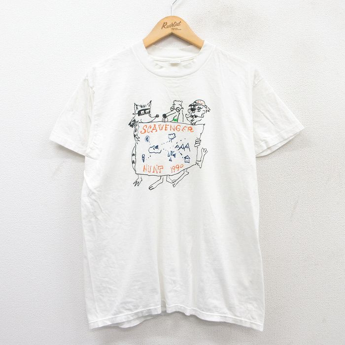 M★古着 ヘインズ Hanes 半袖 ビンテージ Tシャツ メンズ 90年代 90s SCAVENGER ハンドペイント コットン クルーネック USA製 白 ホワイト 25apr08 中古