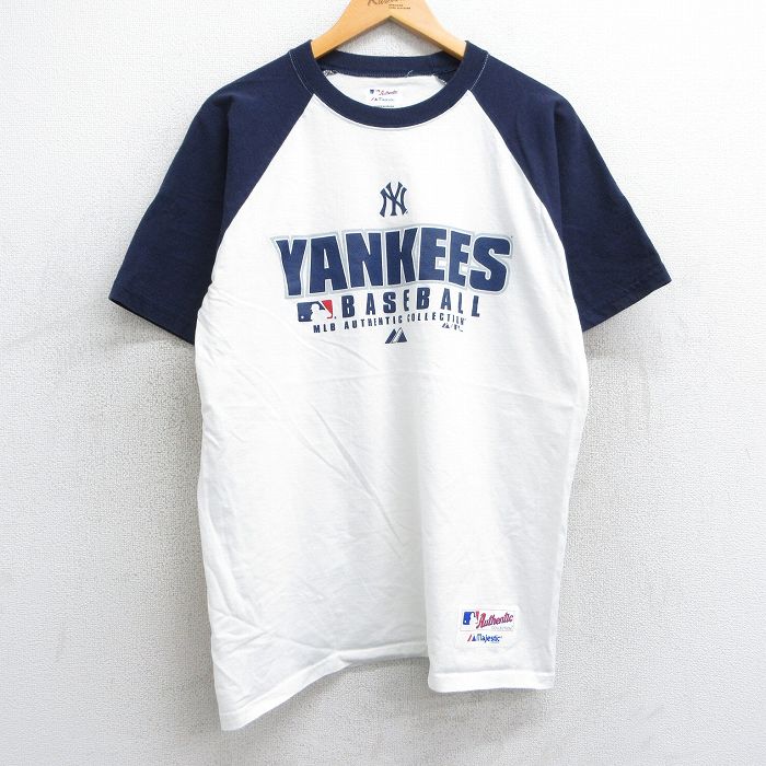 L★古着 マジェスティック 半袖 ビンテージ Tシャツ メンズ 00年代 00s MLB ニューヨークヤンキース ラグラン ツートンカラー コットン クルーネック 白他 ホワイト メジャーリーグ ベースボール 野球 25apr10 中古