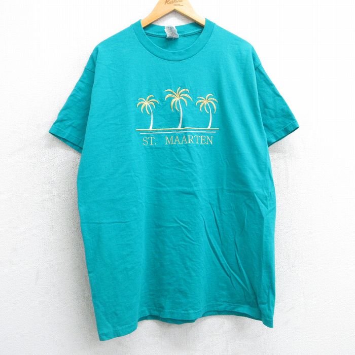 XL★古着 フルーツオブザルーム 半袖 ビンテージ Tシャツ メンズ 90年代 90s ヤシの木 刺繍 コットン クルーネック 青緑 25apr10 中古