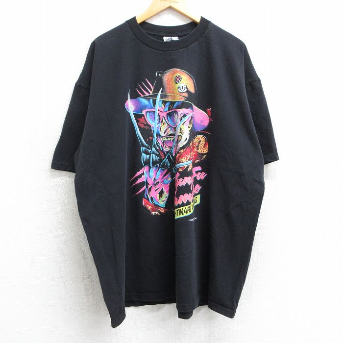 XL★古着 半袖 ビンテージ Tシャツ メンズ 90年代 90s エルム街の悪夢 フレディクルーガー Kung Fu Vampire 大きいサイズ コットン クルーネック USA製 黒 ブラック 【spe】 25apr10 中古