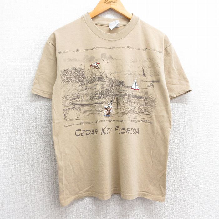 M★古着 ヘインズ Hanes 半袖 ビンテージ Tシャツ メンズ 90年代 90s 船 港 コットン クルーネック USA製 ベージュ カーキ 25apr10 中古