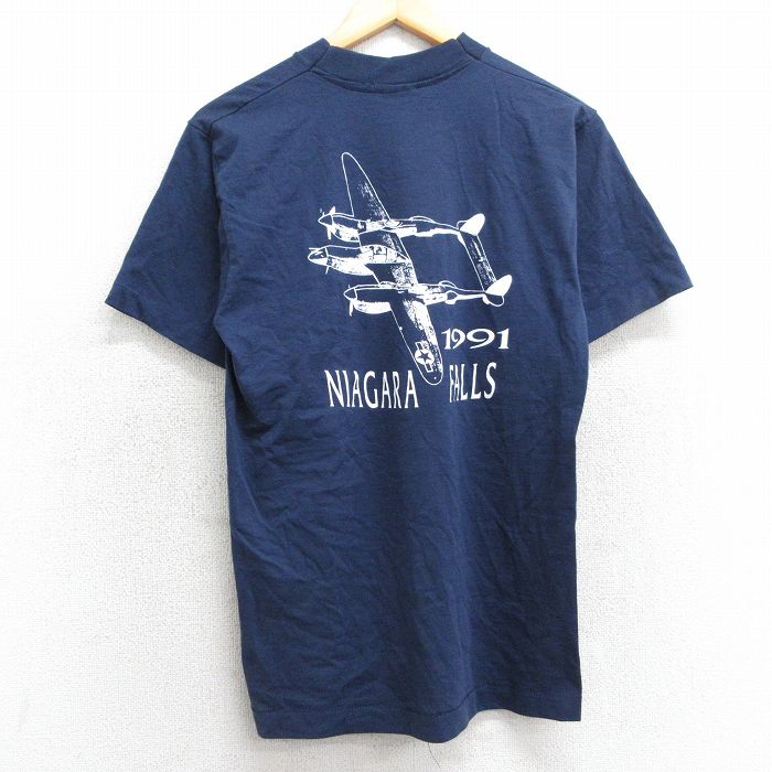 S★古着 スクリーンスターズ 半袖 ビンテージ Tシャツ メンズ 90年代 90s 飛行機 ナイアガラの滝 クルーネック USA製 紺 ネイビー 25apr10 中古