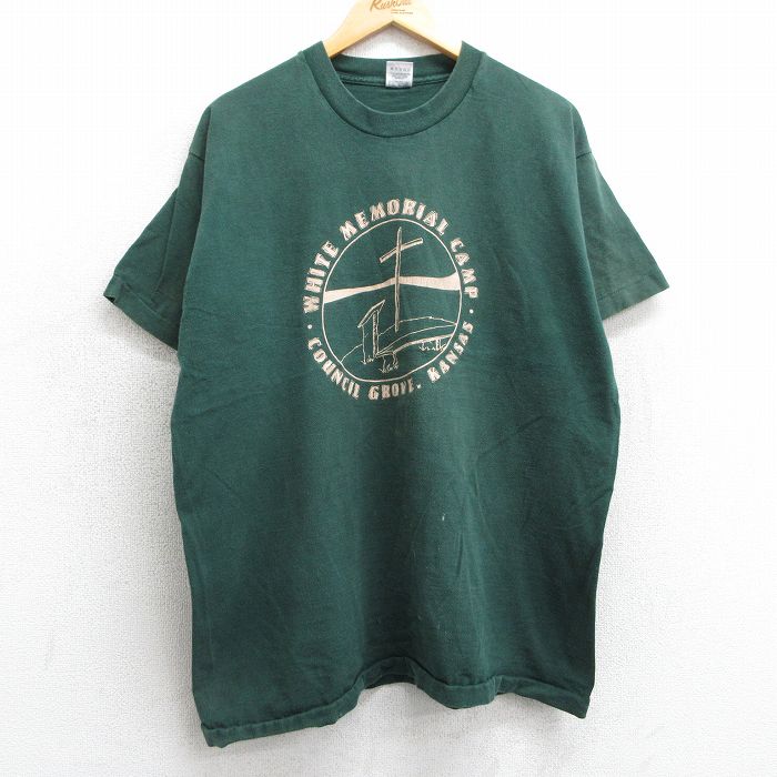 XL★古着 フルーツオブザルーム 半袖 ビンテージ Tシャツ メンズ 90年代 90s 十字架 ホワイトメモリアルキャンプ コットン クルーネック USA製 緑 グリーン 25apr10 中古