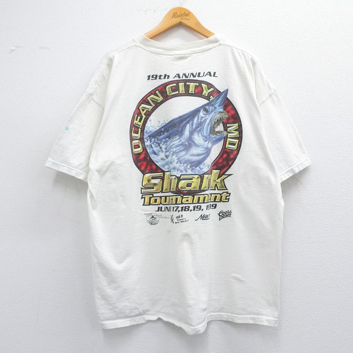 XL★古着 半袖 ビンテージ Tシャツ メンズ 90年代 90s サメ 企業広告 胸ポケット付き 大きいサイズ コットン クルーネック USA製 白 ホワイト 25apr11 中古