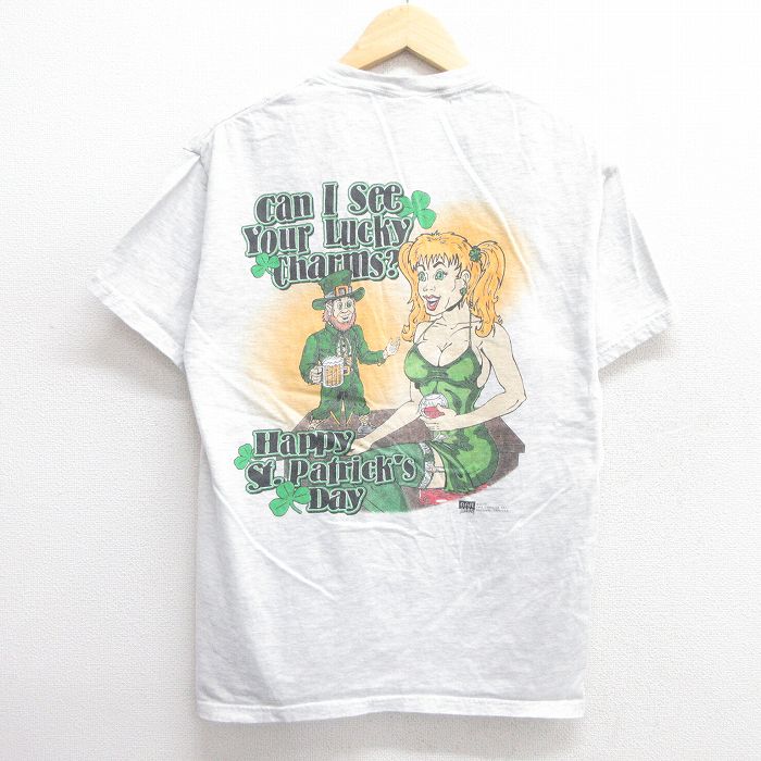 M★古着 ヘインズ Hanes 半袖 ビンテージ Tシャツ メンズ 00年代 00s ST.Patricks Day クルーネック 薄グレー 霜降り 25apr14 中古
