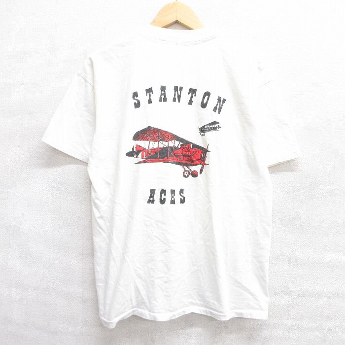 L★古着 ヘインズ Hanes 半袖 ビンテージ Tシャツ メンズ 90年代 90s 飛行機 トランプ コットン クルーネック USA製 白 ホワイト 25apr14 中古