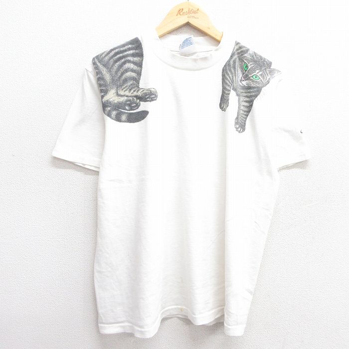 L★古着 半袖 ビンテージ Tシャツ メンズ ネコ CATS コットン クルーネック USA製 白 ホワイト 【spe】 25apr14 中古