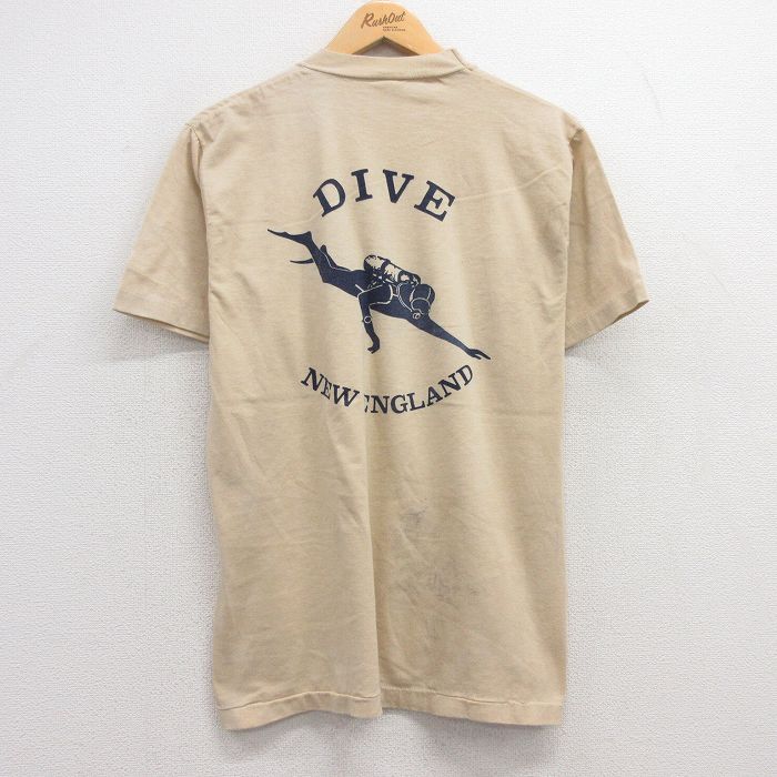 M★古着 半袖 ビンテージ Tシャツ メンズ 80年代 80s ダイビング ニューイングランド クルーネック USA製 ベージュ カーキ 25apr15 中古