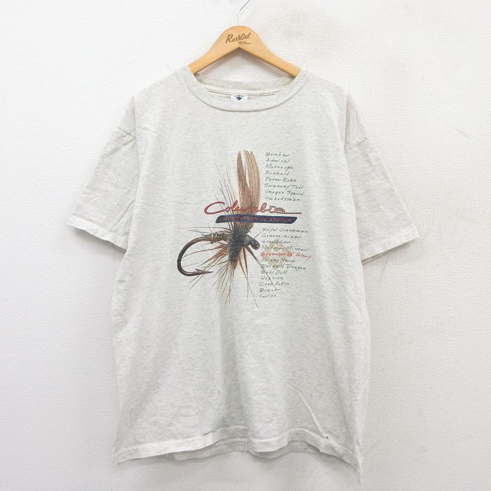 XL★古着 コロンビア COLUMBIA 半袖 ビンテージ Tシャツ メンズ 90年代 90s ルアー コットン クルーネック USA製 薄グレー 霜降り 【spe】 25apr15 中古